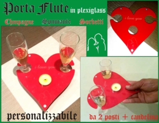 Vassoio a forma di cuore porta 2 flute + candelina legno e plexiglass personalizzato dimensioni: altezza 20 cm. - larghezza 19 cm. spessore 3 mm.